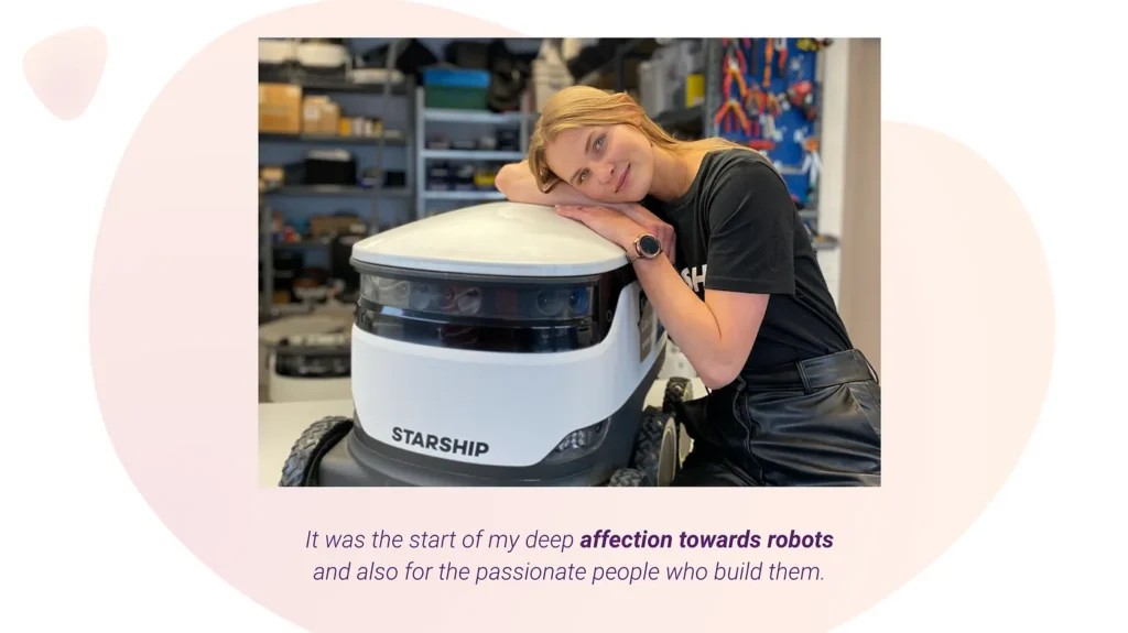 Karoliina hugging a Starship robot