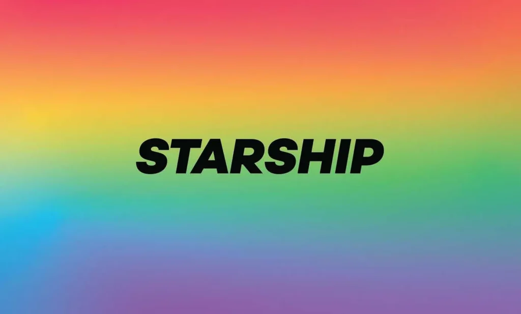 Starship logo on a rainbow background