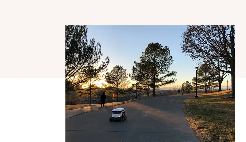 A Starship robot rolling on a park