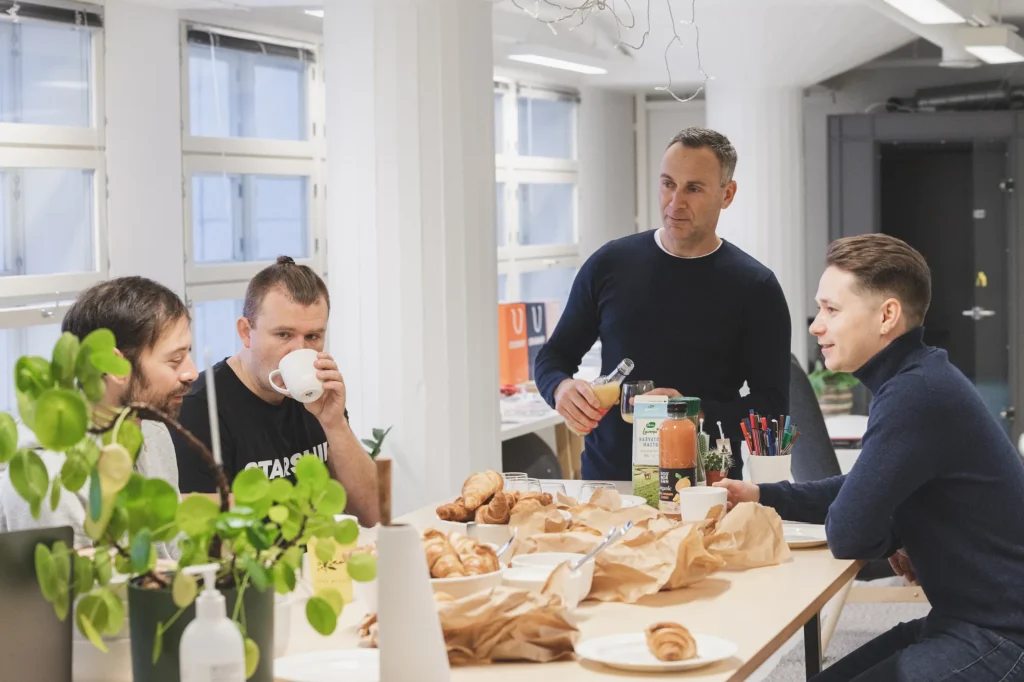 The product team has breakfast in the office café